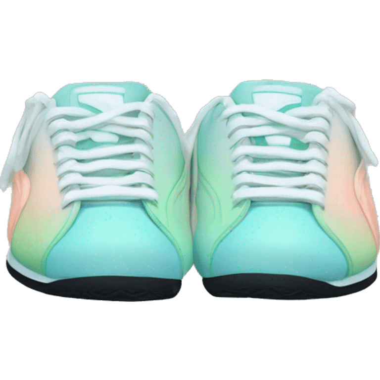 Realistic Isolated front view of a pair of pastel blue pastel green peach and black ombre Puma sneakers.  emoji