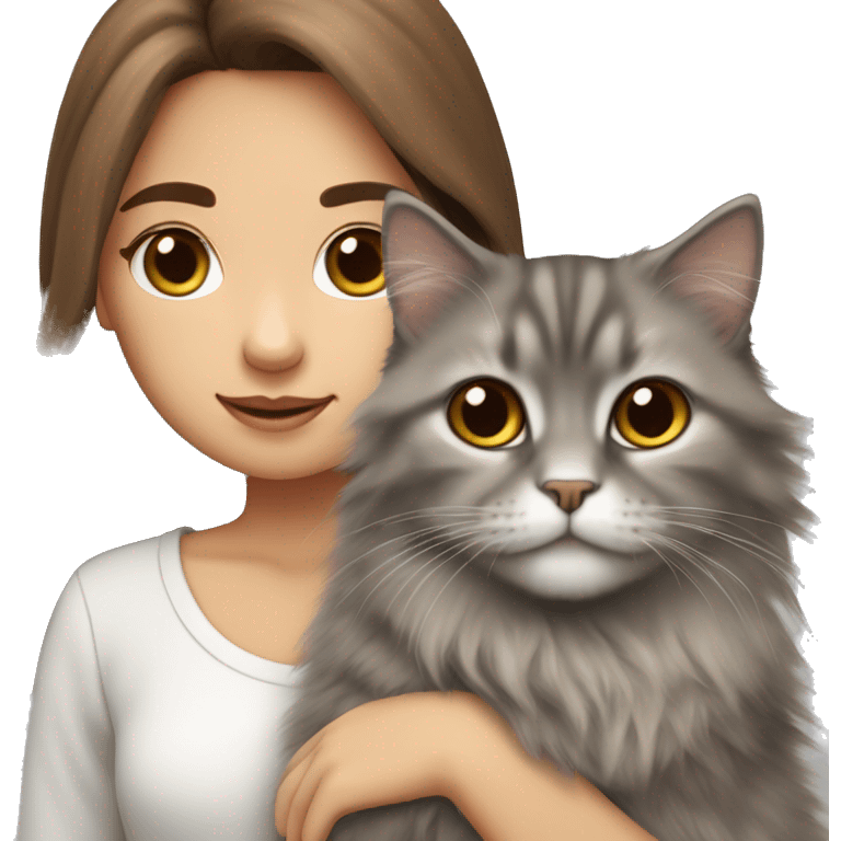  Chestnut brown straight hair girl holding fluffy Siberian gray cat  emoji