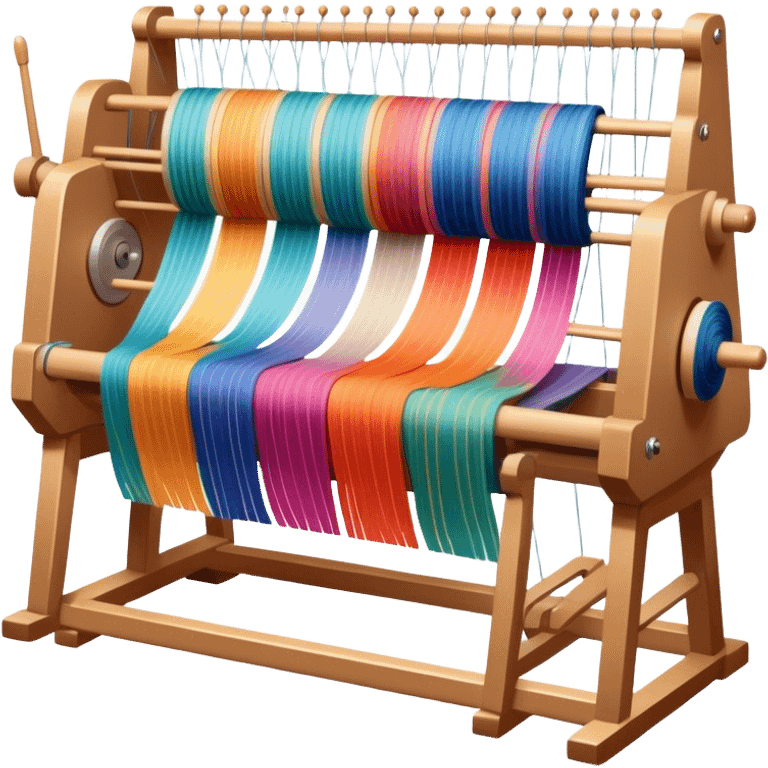 Weaving icon, loom with colorful fabric being woven, visible shuttle, spools of yarn, fabric swatches, sewing patterns, and finished clothing items, minimalistic style, clean lines, transparent background. emoji