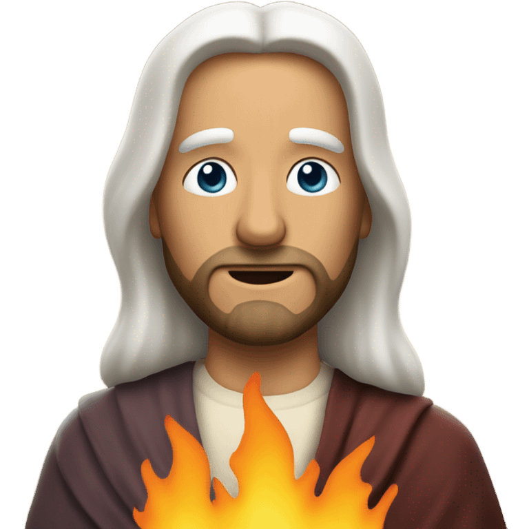 Jesus with flames coming out of his eyes and white hair emoji