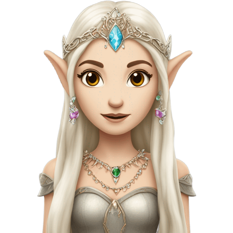 elf princess with pointy ears, white skin, brunette with jewellery,  emoji