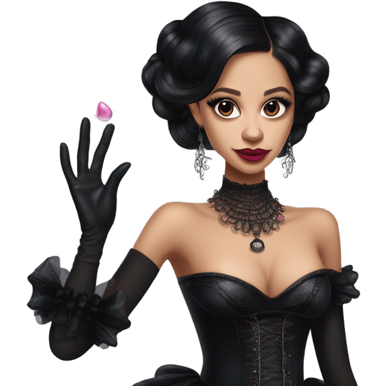 provocatively flirty Lavish black evening gown with see-through gloves, Jenna Ortega as Addams woman prom queen wearing a steampunk mini tiara, very large blood  pink evil-looking horned old dragon purse emoji