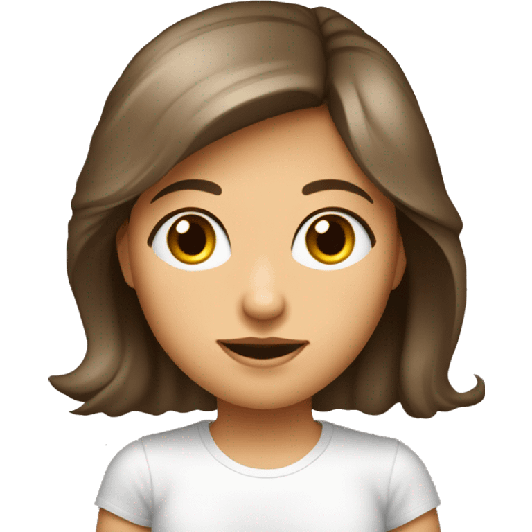 fille brune, mince, italienne, grand yeux noisette, cheveux bruns brillants, teint hâlé, bonne santé, tee-shirt blanc emoji