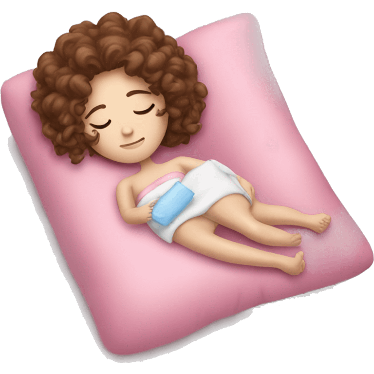 Sleepy girl laying on pink pillow with brown curly hair pale skin  holding and a ice pack emoji