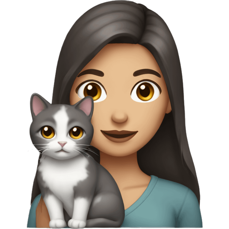 Woman with dark brown hair and brown eyes holding a gray fluffy cat emoji