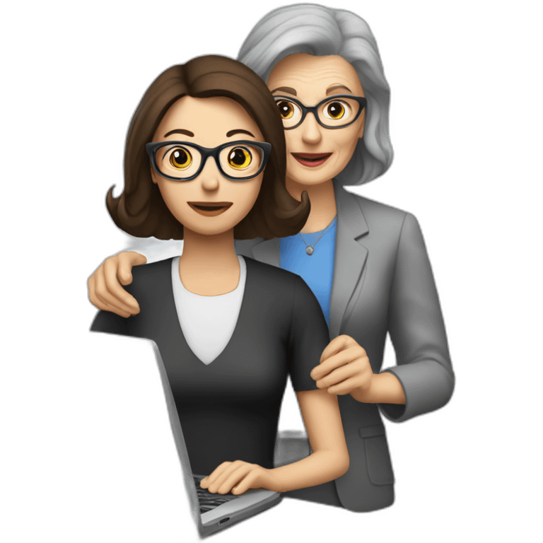 Brunette with glasses coaching old woman on computer emoji