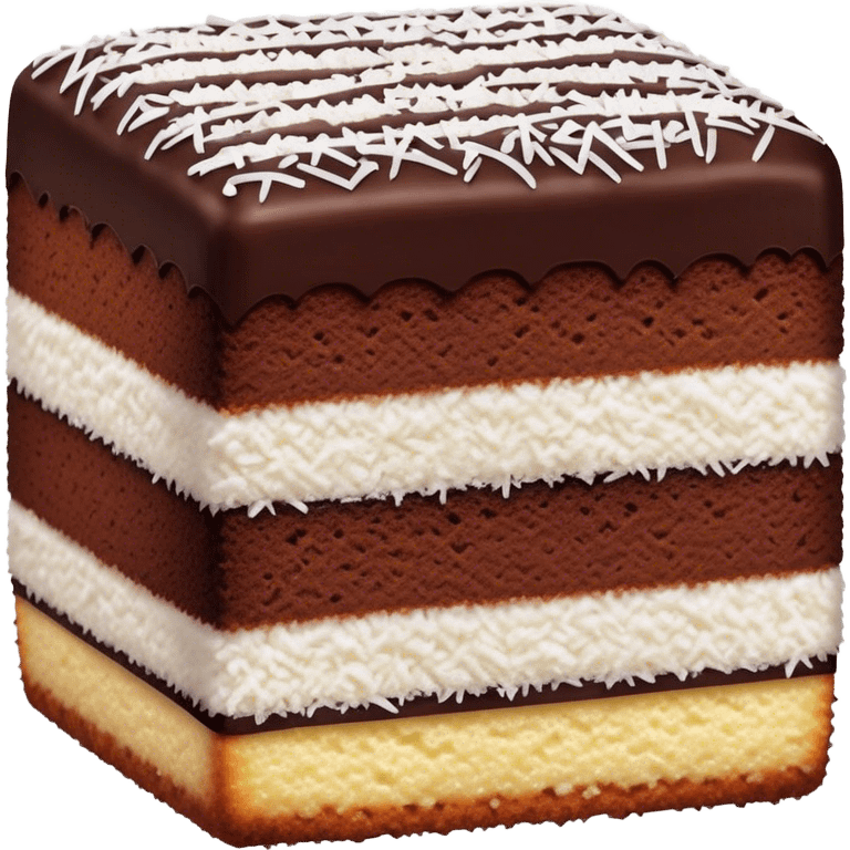 Lamington Cinematic Realistic Lamington Dessert Emoji, depicted as a sponge cake square coated in chocolate and dusted with coconut on all sides, rendered with lifelike textures and vibrant, tropical lighting. emoji