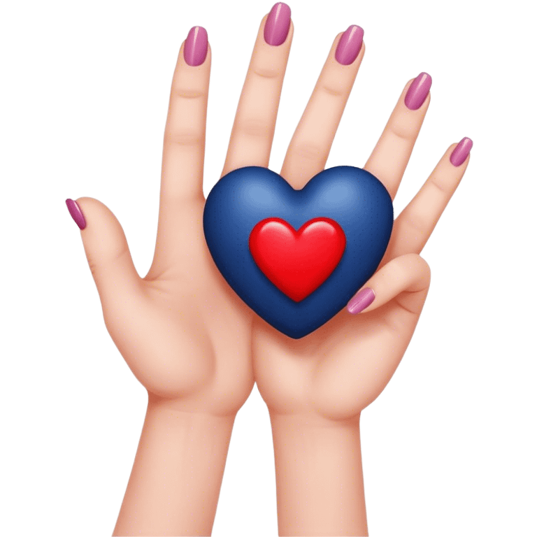 
a hand with a red manicure holds a dark blue heart with two fingers emoji