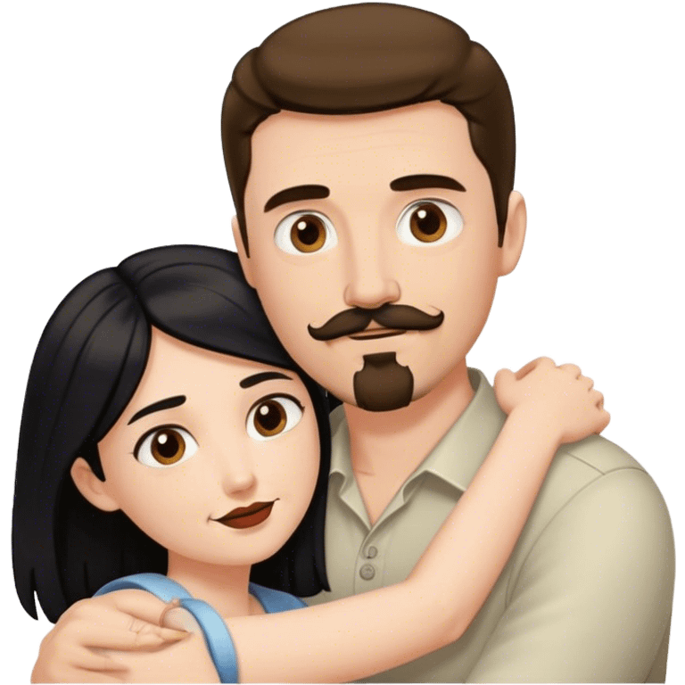 Tall white man with brown mustache goatee AND a short pale woman with long black hair, hugging emoji