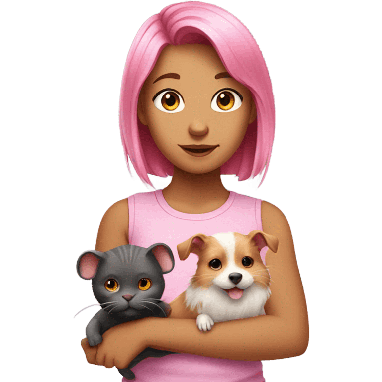 Animal lover girl, dog plus cat tan skin pink hair hamster, rats emoji