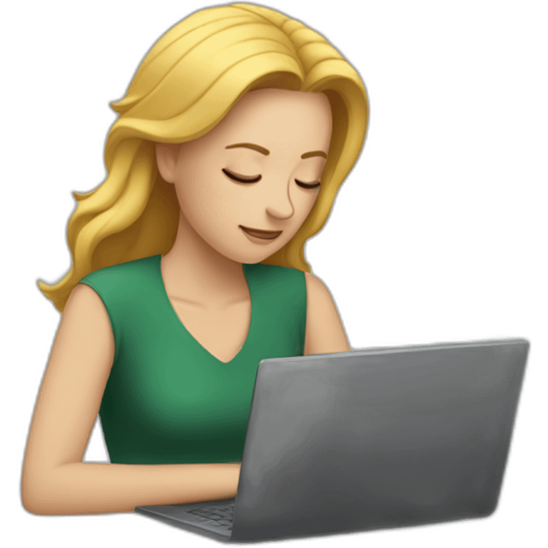 White woman resting head on arms looking at a laptop emoji