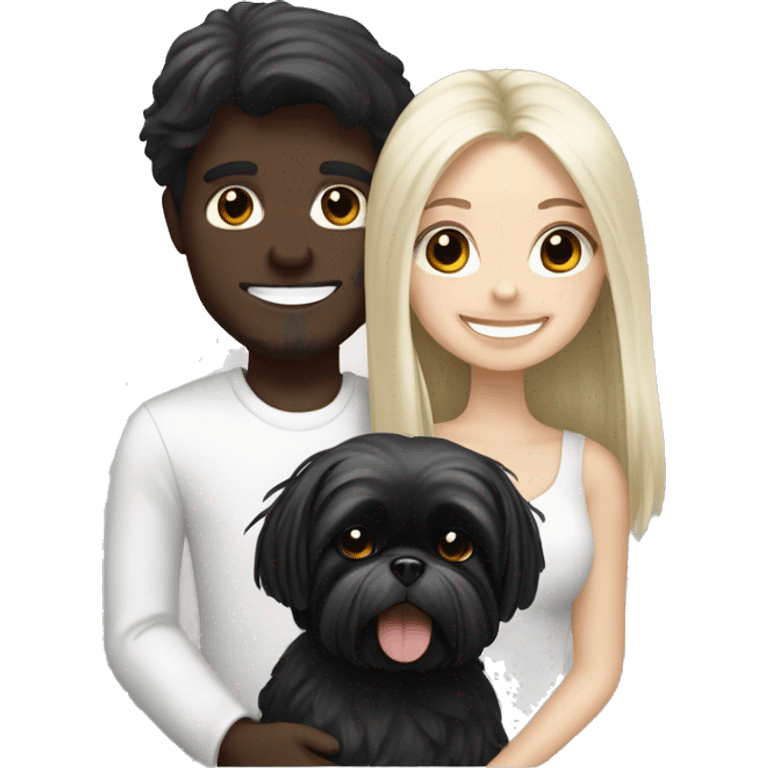 White blonde long-haired girl, white brunette boy carrying happy, black Shih Tzu emoji