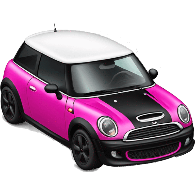 Black mini cooper, white roof, hot pink racing stripes emoji