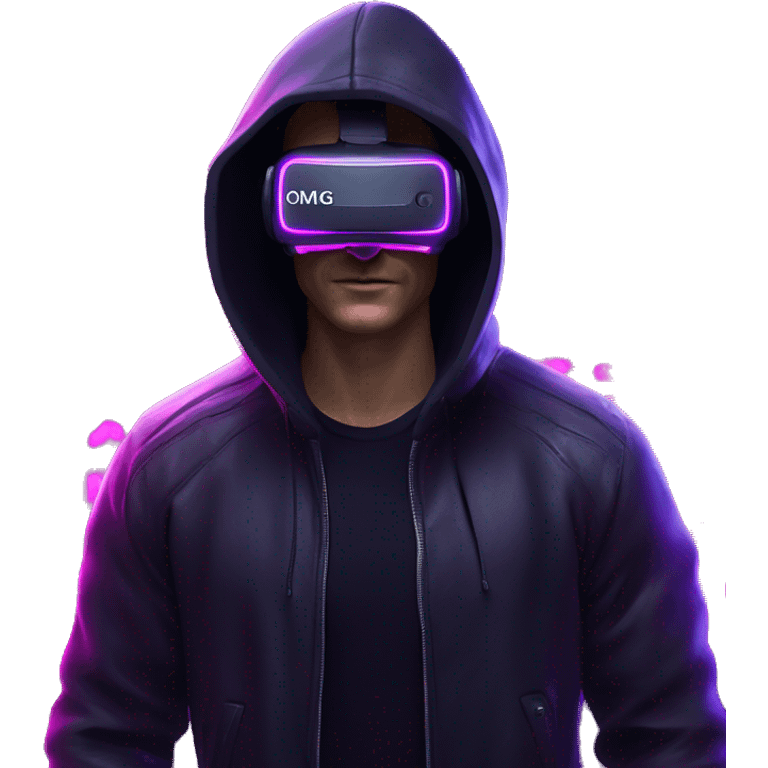 Russian man wearing a black hoodie with "OMG" letters on it and VR headset in a cyberpunk VR environment with violet neon lighting. emoji