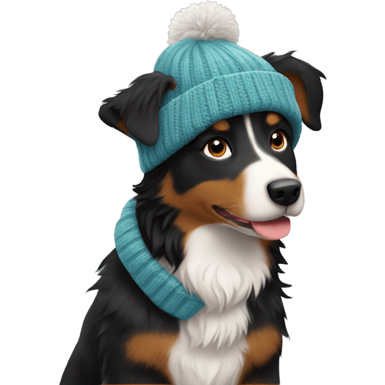 Small black australian shepherd dog wearing a knit cap emoji