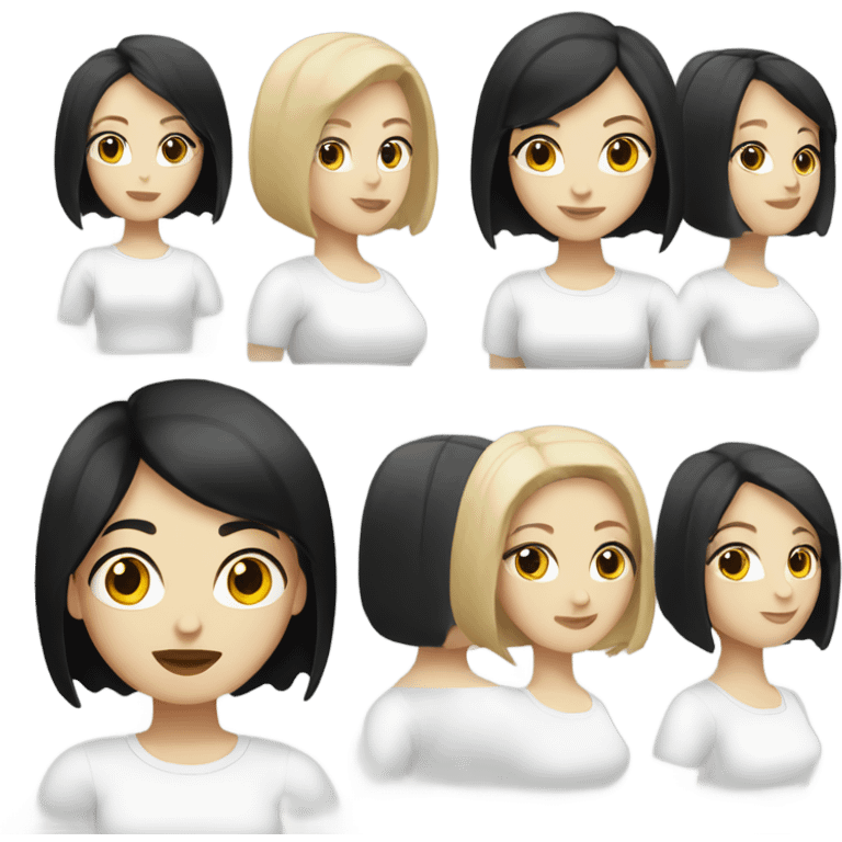 two pale skin women with black hair bob haircut wearing white t shirt emoji