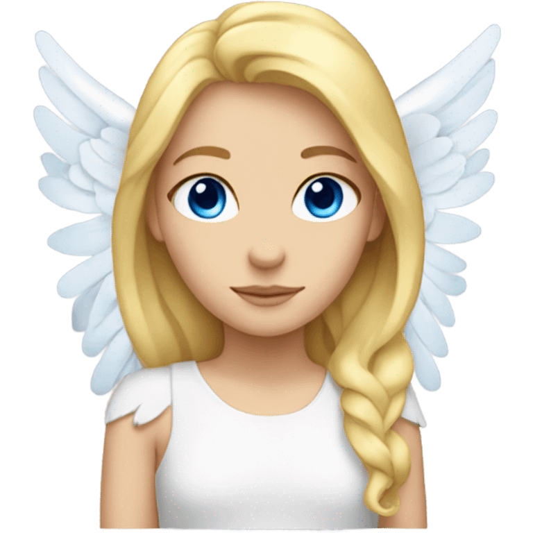 A girl with blond hair and blue eyes with angel wings emoji