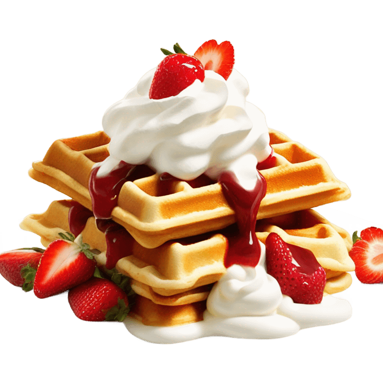 square waffle with dollop of whipped cream and strawberries on top emoji