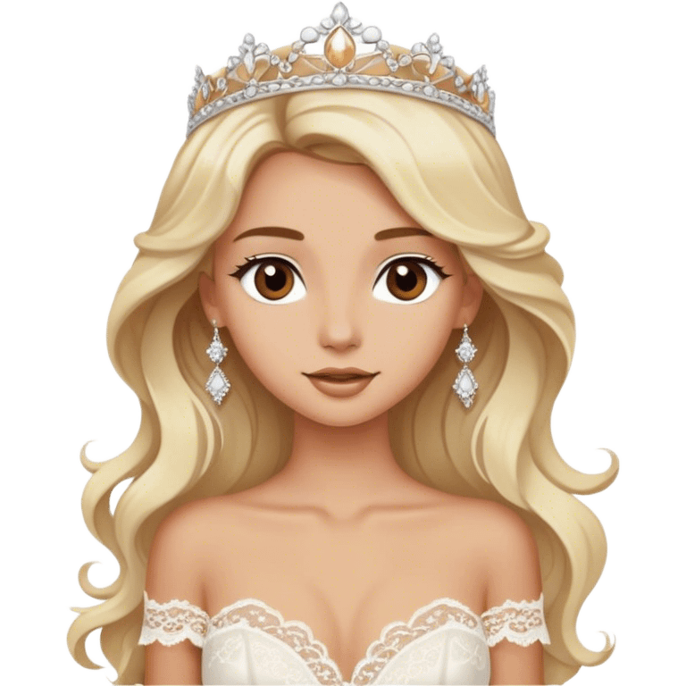 Blonde model with brown eyes, long wavy hair, honeymoon, white silk and lace dress emoji