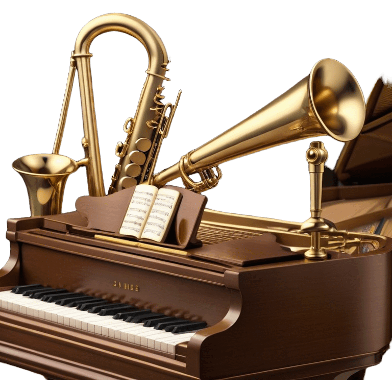 Create an elegant and vintage-inspired emoji representing jazz vocal performance. In the foreground, feature a classic, antique jazz microphone on a stand. Behind it, place a grand piano, with the lid slightly open, and have a Selmer Model 19 Balanced Action trumpet resting on top of the piano. The trumpet should have visible details like its shiny brass finish and the unique design of the valves. Add musical notes flowing around the scene to capture the improvisational essence of jazz. Use rich, deep colors like black, gold, and dark wood tones to evoke the timeless, sophisticated atmosphere of jazz. The background should be transparent. emoji