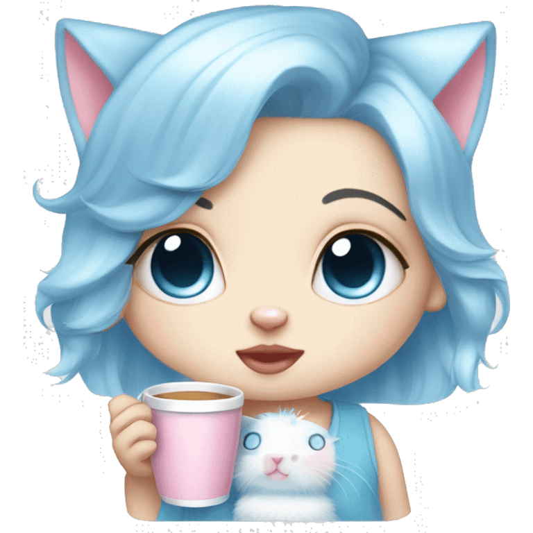 CHIBI WHITE SKIN CAT BABY BLUE AND BABY PINK SHOR HAIR GIRL WITH ONE EYE BLUE AND THE OTHER WHITE. ALSO SHE IS SIPPING A CUP emoji