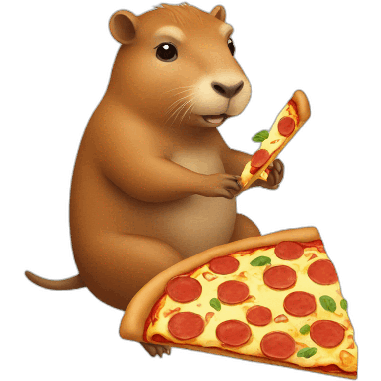 little capybara eating a pizza riding on capybara emoji