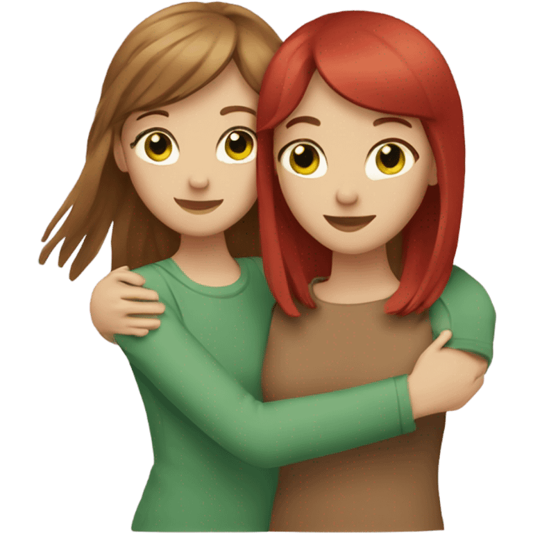 Two Caucasian girls hugging, 1 with long brown hair and brown eyes, 1 with red hair and bangs with green eyes emoji