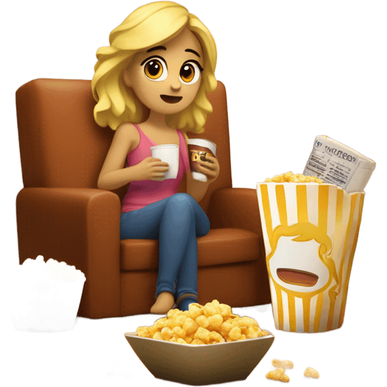 chica rubia viendo peliculas con palomitas y con su gato negro en el sofa de su casa emoji