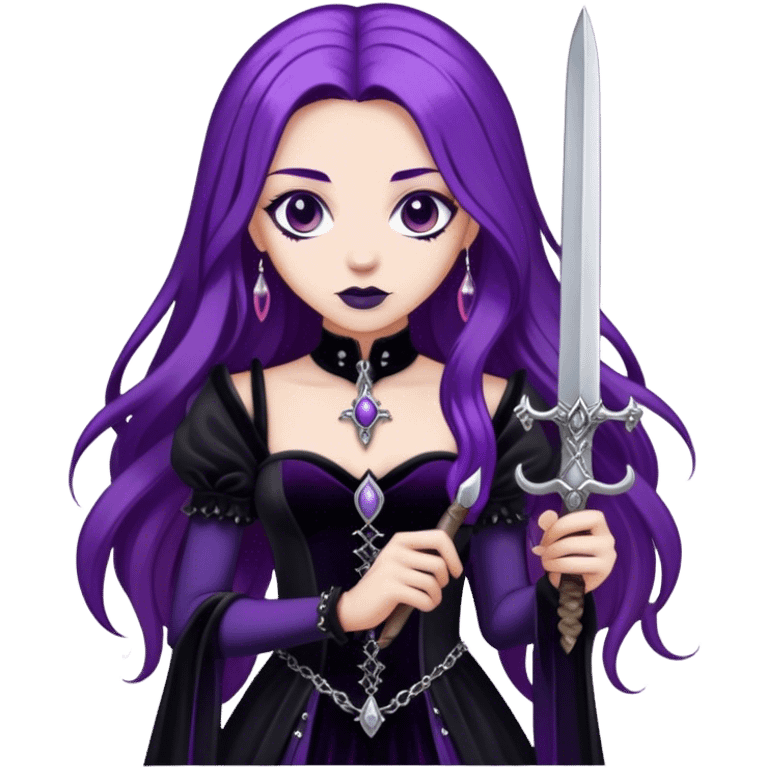 A gothic princess with long purple hair, in a black velvet dress, holding a silver dagger. emoji