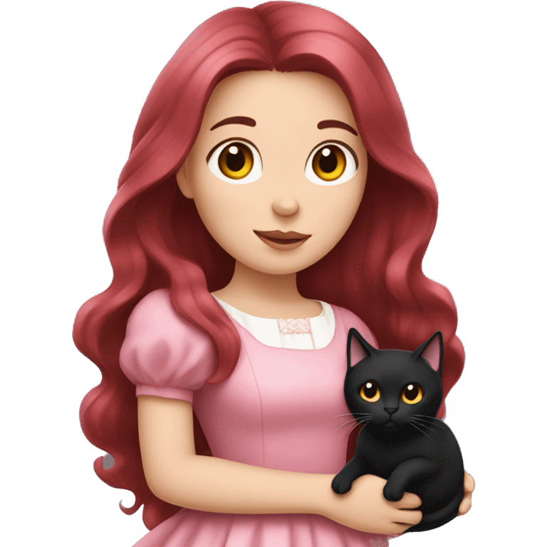 Long Dark Red hair, white skin wearing pink dress girl who is holding a black cat emoji