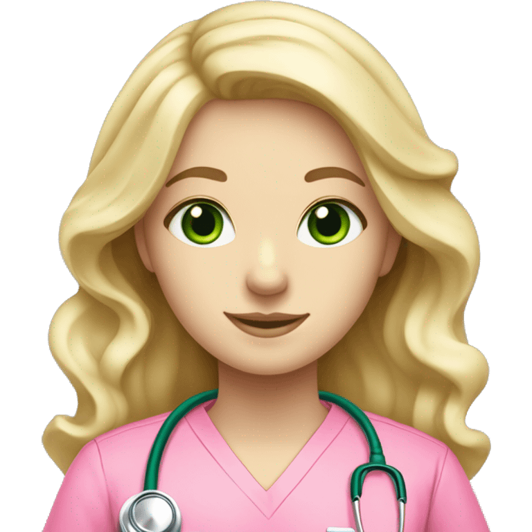 pale blonde girl with long wavy hair and green eyes wearing pink scrubs and stethoscope  emoji