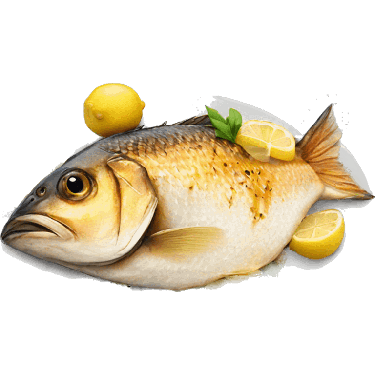 Realistic grilled fish with lemon on the side emoji