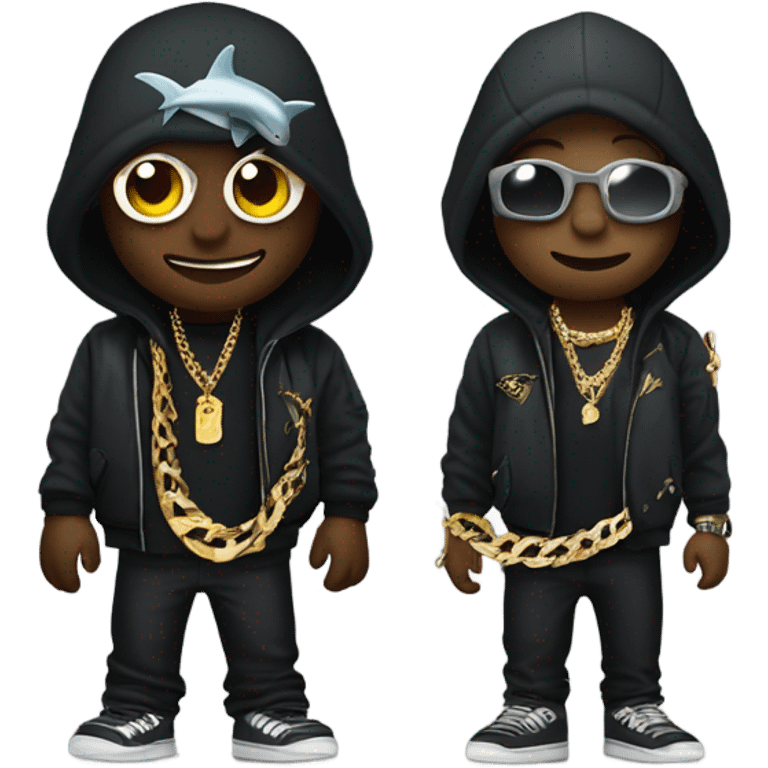 A black snake with a Shark , both rappers with gold chains emoji