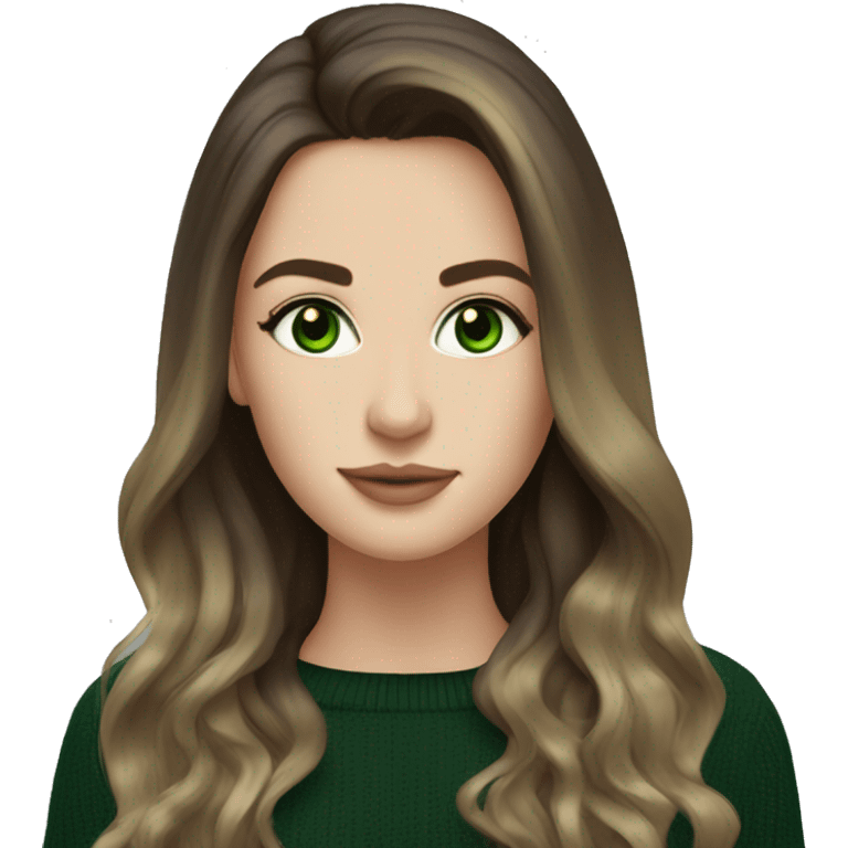 Brunette balayage long hair white woman green eyes black sweater emoji