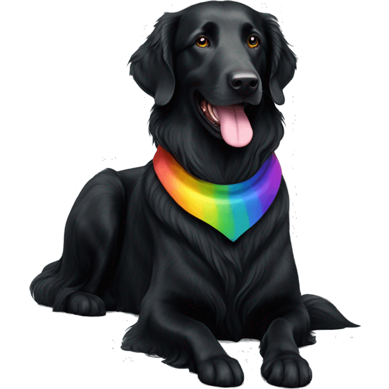 slim black flat-coated retriever with rainbow collar sitting looking ahead emoji