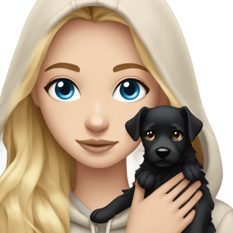 White girl blue eyes Blonde balayage long hair beige hoodie hugging black dog emoji