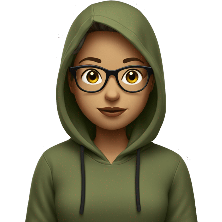 Make 3D illustration  is a girl Shoulder length hair and eye glasses of an animated character sitting turn one's head straight face and black eyes but eye glasses square is olive green and wearing black hoodie but not use hoodie to head emoji