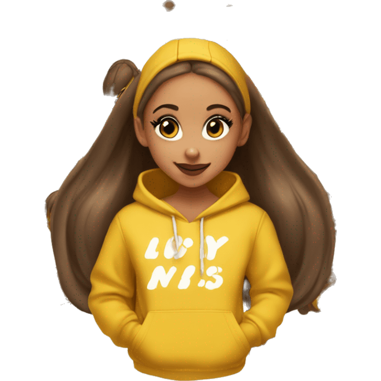 Ariana Grande, High Brown Long Ponytail, Winking, Winged Eyliner, Yellow Hoodie, Kiss lips emoji