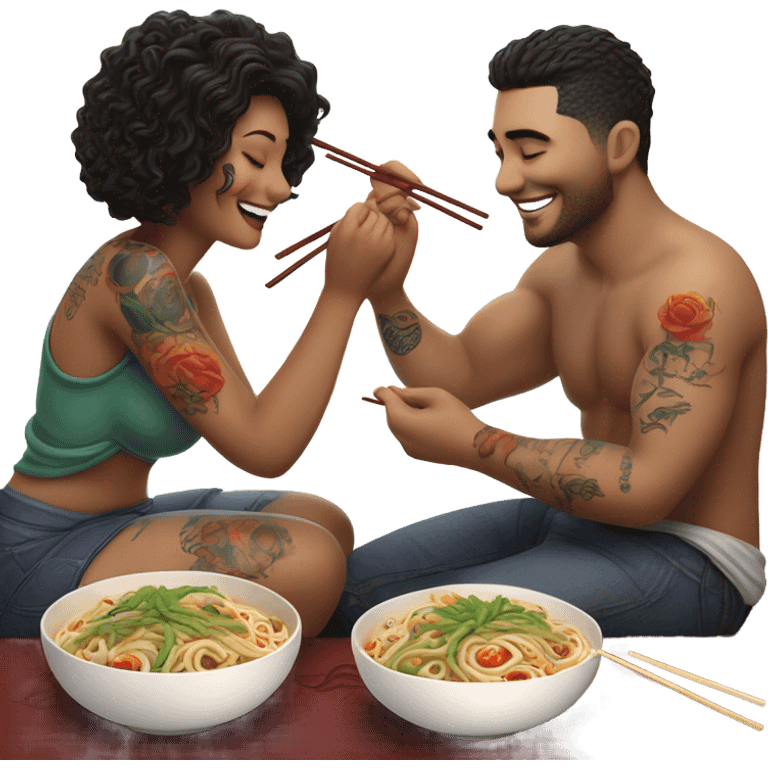 romantic noodle date with beautiful loving tattooed white couple emoji