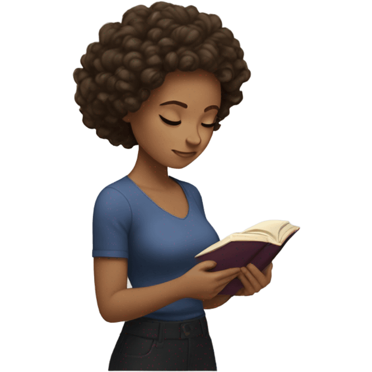 brunette curl hair brown woman looking down at a book cozy aesthetic emoji