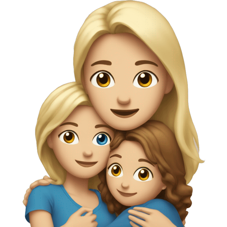 Mother with blonde hair blue eyes, hugging daughter with brown hair hazel eyes emoji