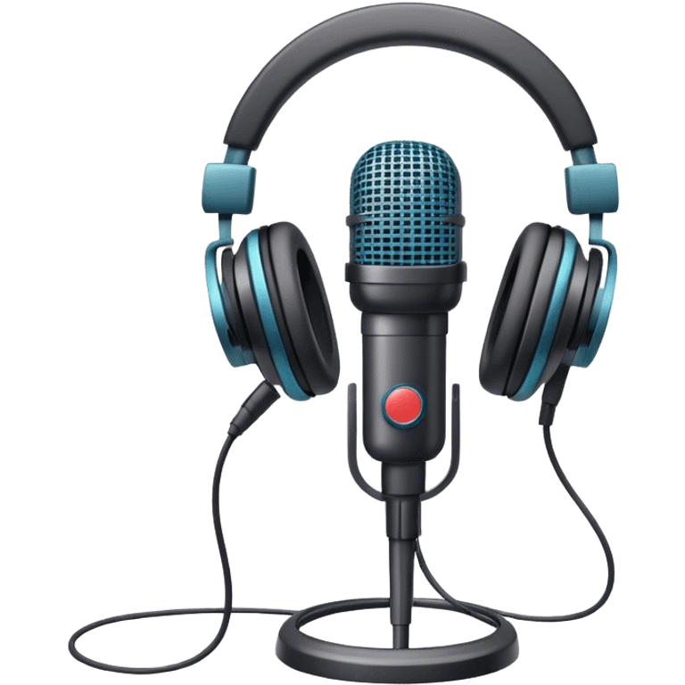 Create an emoji for podcasting. Show a microphone with headphones, symbolizing the recording of a podcast. Use modern, professional colors. Do not include any emojis or smiley faces. Make the background transparent. emoji