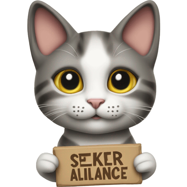 A cute cat holding a sign above its head that says "Seeker Alliance." emoji