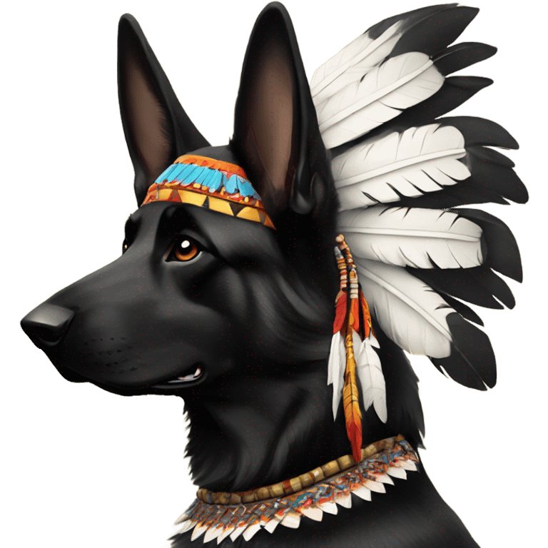 Black German shepherd with Indian chief headdress emoji