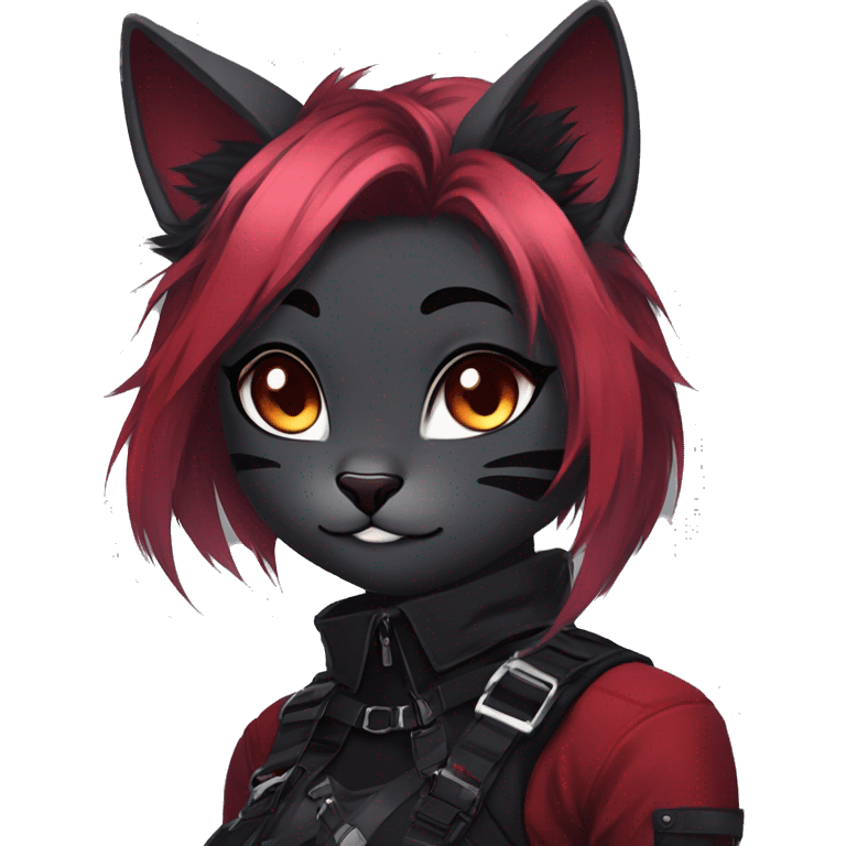 Gorgeous gothic dark techwear anime style anthro cat furry sona with blushing face aesthetic and pretty edgy black red punk messy ponytail hair with collar and harness trending style emoji