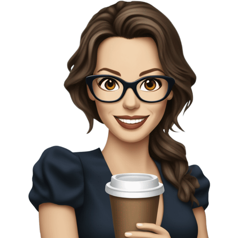 Hyper Realistic Kate Beckinsale dark blue eyes wearing glasses in a business dress drinking coffee happy  emoji