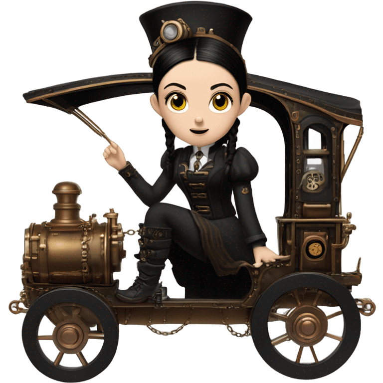 Wednesday Addams driving a steampunk electric wagon emoji