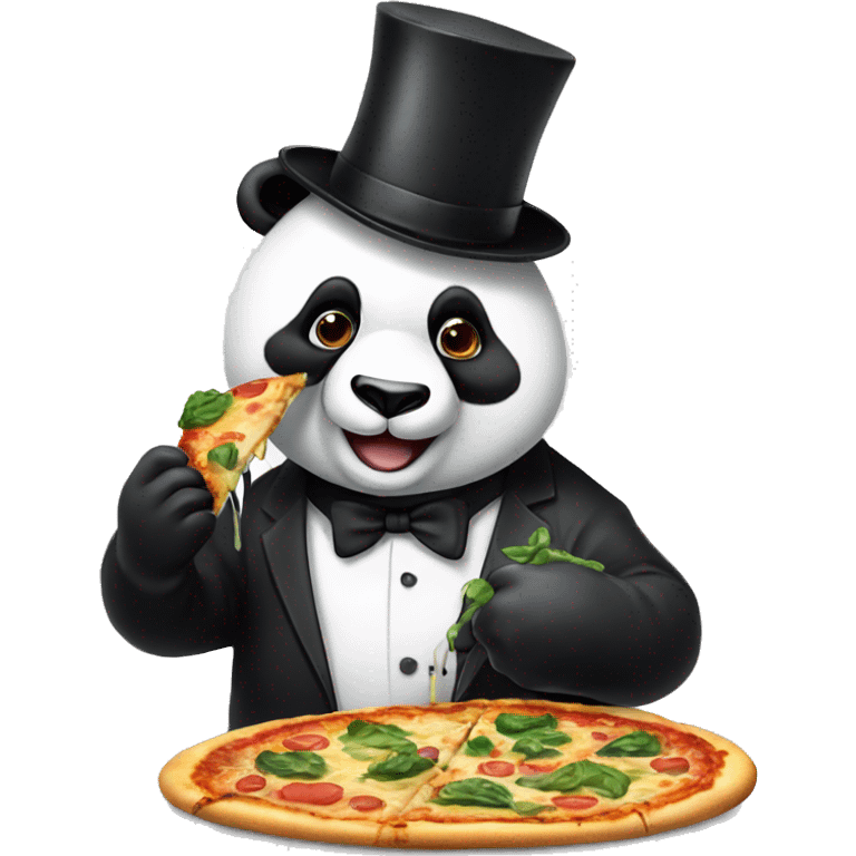 panda with suit and top hat eating drippy veggie pizza emoji