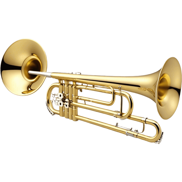 Create an elegant and detailed emoji representing the Bach Bb/F tenor trombone. The design should feature the smooth, shiny brass body of the trombone, showcasing its large, flared bell and curved tubing. Highlight the tuning slide with its polished metal finish, and the mouthpiece should be clearly visible. The trombone’s surface should have a gleaming brass tone with subtle silver accents around the mouthpiece and slide. Add a few musical notes or soundwaves emanating from the bell to emphasize the powerful sound of the trombone. Use golden and brass tones with reflective light effects to enhance the trombone’s professional and high-quality appearance. The background should be transparent. emoji