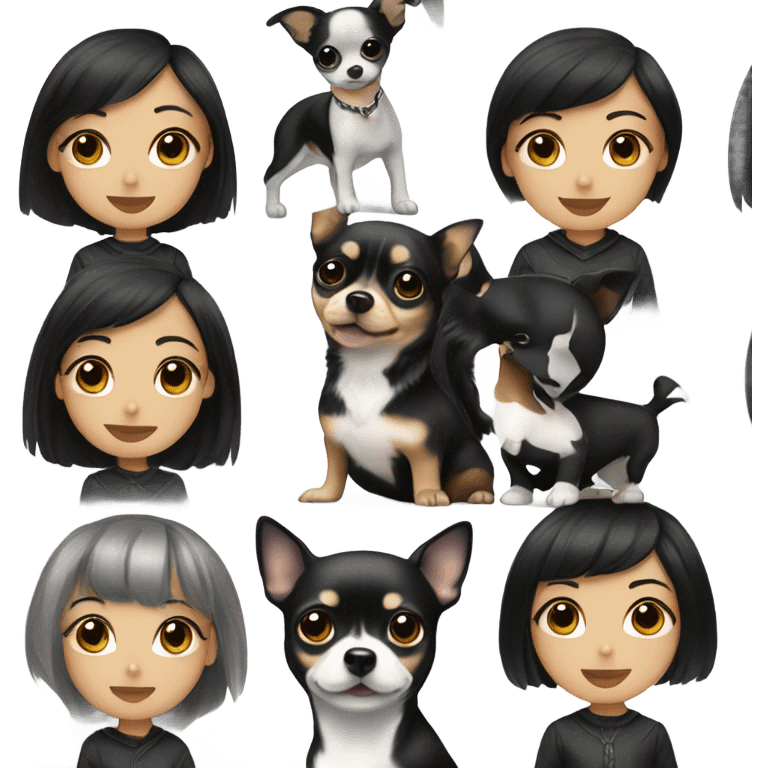 short black hair asian girl with balck and white Chihuahua emoji